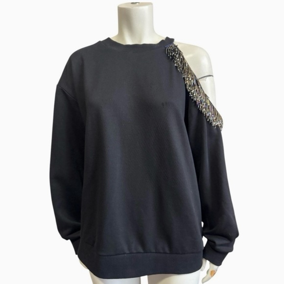 STELLAH asymmetrical black beaded fringe cold shoulder crew neck top women’s XL - Picture 2 of 13